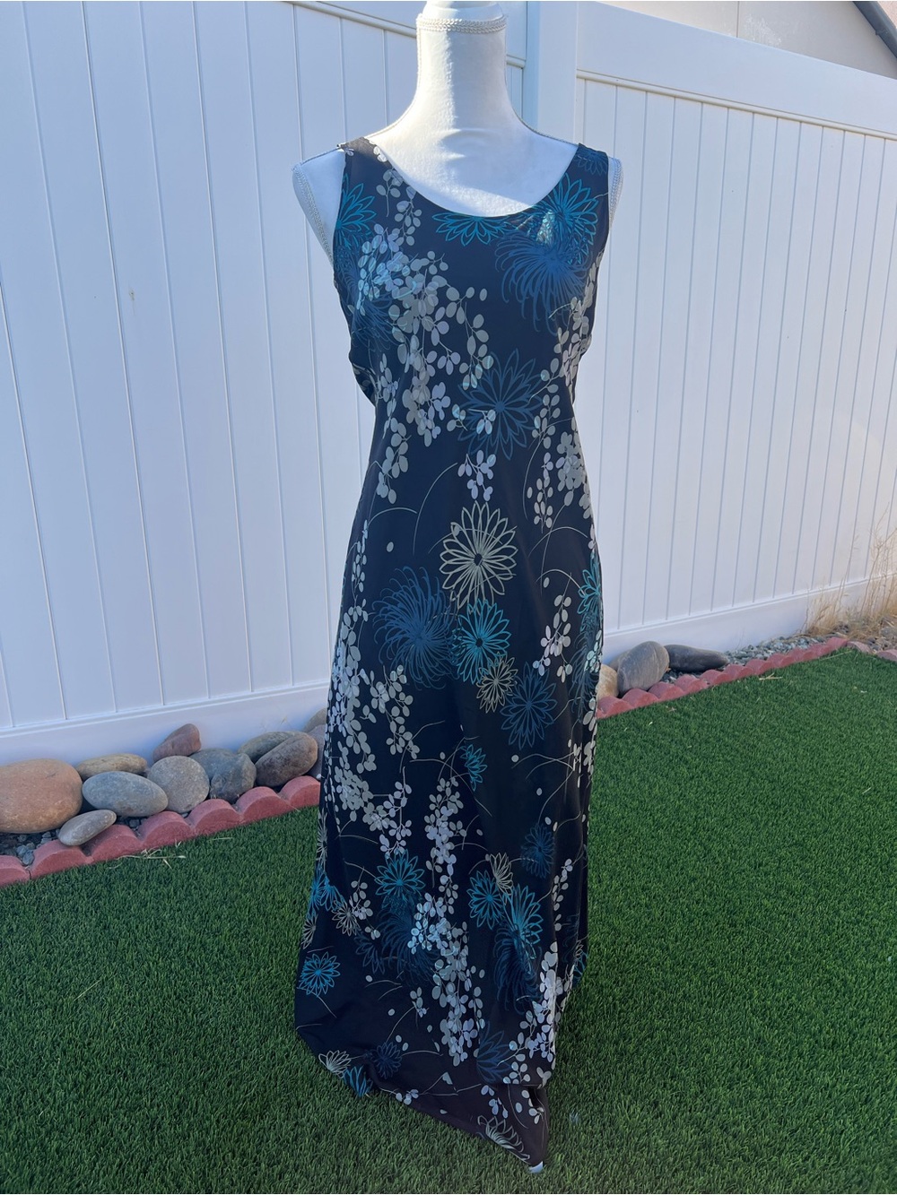 Sleeveless Y2K vintage silk Floral Bodycon Dress in Teal and Black